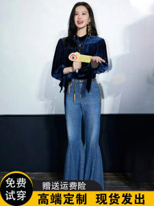 Retro High Waist Bell Bottom Blue Jeans Womens Trendy Slimming Cotton Stretch Denim Zipper Fly Ladies Jeans Standard Fit