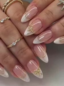 24pcs/set Nude beige fake nails with golden strips bowknot deisgn Almond shape nail tips full cover press on false nail art set
