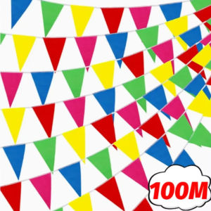 เครื่องตกแต่งภายนอกเทศกาลธง150ธงหลากสีธงสามเหลี่ยมแบนเนอร์งานปาร์ตี้100ม. สำหรับตกแต่งถนนร้านงานแต่งงานสวนในบ้าน