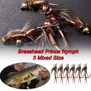 6Pcs Brass Copper Bead Head Fast Sinking Nymph Scud Bug Worm Flies Trout/Bass Fly Fishing Lure Bait