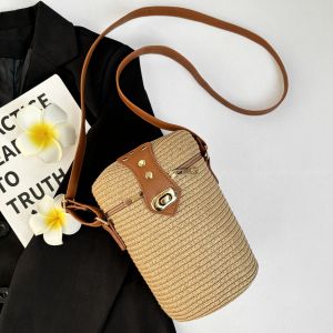 Fashionable Korean Style Handwoven Straw Bag Cylinder Crossbody Bag High Quality Textured Baskets Casual Simple Style for Women