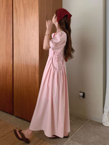 Pink French Style Summer New Waist-Cinching Slimming Design Gentle Ankle-Length Fairy Long Dress Womens Casual High Waist Cotton Polyester Fiber A-Line Princess Dress