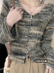 Áo Khoác Len Ngắn Kẻ Sọc Cổ Chữ V Khóa Kéo Cho Nữ Mùa Đông Áo Len Cardigan Dệt Kim Áo Lót Bên Trong Thiết Kế Ngắn Áo Khoác Ngoài