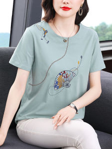 Elegant Embroidered Pure Cotton Short Sleeve T-Shirt Womens Loose Fit Summer Fashion Mid-aged Ladies Top Breathable Sweat-wicking