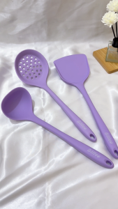 Silico Spatula Set Silikon Tahan Panas Warna Ungu 3 In 1 / Alat Masak Set Anti Lengket Sutil Centong Sayur Centong Saringan Silikon