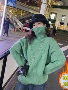 Fleece Lined Thick High Collar Sweater Womens Student Fashion Autumn Winter Short Loose Lazy Style Overhead Trendy Base Shirt