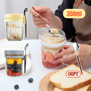 350ML Overnight Oats Jar With Stainless Spoon Portable Mason Jars With Lid Measurement Marks Cup Kitchen Jars