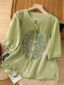 เสื้อเชิ้ตผ้าลินินคอตตอนผสมปักลายสไตล์จีนสำหรับผู้หญิงในฤดูร้อน เสื้อเชิ้ตผู้หญิงทรงหลวมสบาย ๆ สไตล์วินเทจ