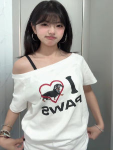 Shoulder Bared Loose Fit Womens T-shirt Summer Style Korean Version Cotton Material Print Design Casual Wear Short Sleeve