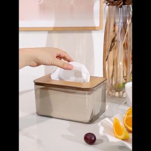 SK-C999 Tempat Tissue Transparan Estetik Tutup Kayu Minimalis / Kotak Tissue Box Wadah Tisu