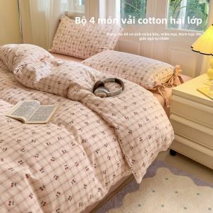 BEIPIN | Bộ Đồ Chăn Ga Gối Bốn Mảnh Cotton Grid