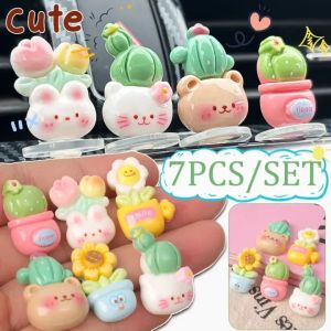 7Pcs/Set Car Simulation Flower Potted Ornament Center Console Cartoon Sunflower Cactus Succulent Plant Decoration DIY Auto Interior Accessories
