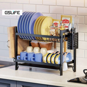 GSlife 2/3 Tier Dish Rack With Drainer Plates Organizer Storage Kitchen Draining Racks Plates Bowls Drying Rack