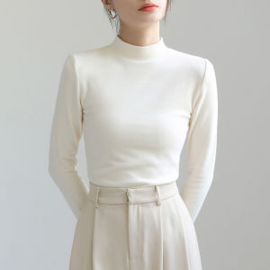 Thickened Fleece Long Sleeve Base Shirt Womens Autumn Winter Wheat Color Inner Wear Padded Slim Fit Long Shirt Stand Collar