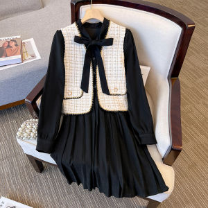 สไตล์ฝรั่งเศส ลายสก็อต ทรงเอ เดรส ชุดสองชิ้น พลัสไซส์ ผู้หญิง พรางหุ่น ชุด เรียบหรู เสื้อกั๊ก Bouclé กระโปรง Combo