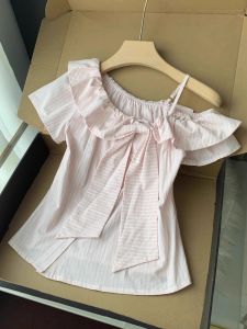 Áo Sơ Mi Nữ Tay Ngắn Màu Hồng Sọc Phong Cách Hàn Quốc Mùa Hè Cổ Chữ V Tay Áo Xếp Ly Ngắn Thời Trang Thường Ngày