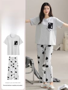 Miiow | Pure Cotton Womens Sleepwear Short Sleeve Long Pants Home Clothes Set With Chest Pad Can Be Worn Outside Casual Spring Summer