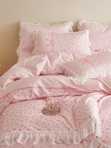 DOHIA | Pink Ruffle 100% Cotton Bedding 4-piece Set 40s