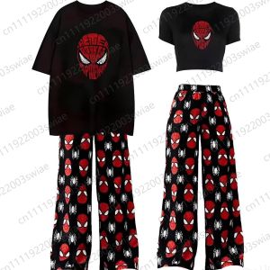 Hot Toys | 2026 New Summer Couples Matching Pajama Set His Hers Spider Print Adult/Kids Crop Top Wide Leg Sleeping Pant INS Homewear tee