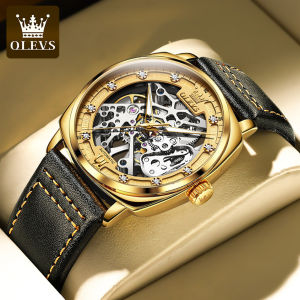 OLEVS Mens Watches Automatic Skeleton Self Winding Watches with Black Leather Band Waterproof Original Mechanical Watch for Man