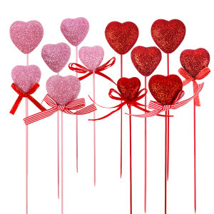 Valentines Day Pink Red Glitter Foam Heart Picks Stick Valentines Day Cake Decor Birthday Party Cake Toppers Wedding Supplies