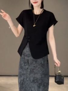 เสื้อยืดแขนสั้นผู้หญิงสไตล์จีนใหม่ ดีไซน์เก๋ไก๋ ผูกปม ทรงเข้ารูป สีสันสดใส แฟชั่นฤดูร้อน เสื้อผ้าทำงาน