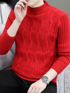 ROMON | Red Half-High Collar Mens Knitted Sweater Winter Fashion City Style Thickened Long Sleeve Casual Loose Fit New Year Dragon Year