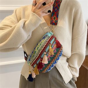 Pomely [COD&Local]Woven Womens Messenger Bag Colorful Tassel Straw Ethnic Style Chest Bag Fanny Bag Messenger Bag Shoulder Bag Woven Adjustable Wide Shoulder Strap