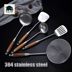 304 Stainless Steel Wood Handle Wide Fried Fish Spatulas Steak Shovel Fish Turner Slotted Beveled Kitchen Cooking Utensils