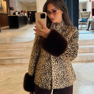 Retro Bambi Print Faux Fur Coat Women Stand Collar Plush Cuff Slim Short Jacket Long Sleece Outwears 2026 Fall Winter Streetwear