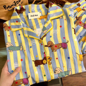 Chata Town 2024 ใหม่ ฤดูร้อน บาง ผ้าฝ้าย แขนสั้น ชุดนอน ผู้หญิง ชุดอยู่บ้าน การ์ตูน พิมพ์สบาย ระบายอากาศได้ดี