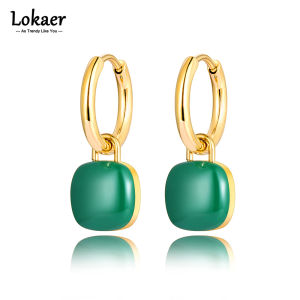 Lokaer Trendy Titanium Stainless Steel Square Charm Hoop Earrings Gold Plated Blue Black White Glazed Earring For Women E22086