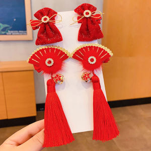 New Year Red Tassel Childrens Hair Accessories Set Baby Girl Headwear Traditional Chinese Style Hairpins Festive Accessories