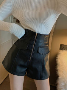 High Waist PU Leather Shorts Womens Autumn Winter Outerwear 2024 New European Style A-Line Wide Leg Bottom Disappears Boot Pants