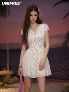 Unifree | Floral Print V-Neck Short Sleeve Slim Fit Waist Dress