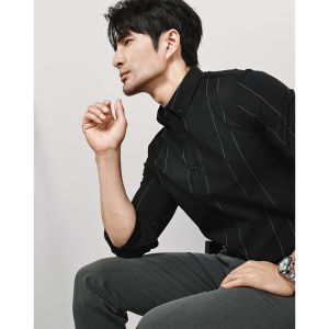Luxurious Trendy Black White Striped Shirt Anti-Wrinkle Easy Care Long Sleeve Mens White Dress Shirt Fashionable Urban Style