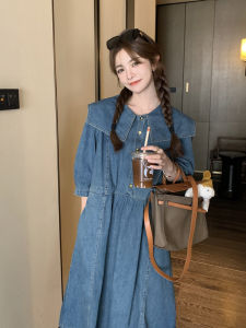 Sweet Denim Dress Women Summer New French Girl Doll Collar Loose Ageless High Waist Skirt A-Line Cotton Midi Dress Navy Collar