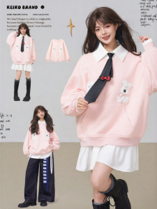 KEIKO | Áo Sweater Dáng Rộng Thiết Kế Trẻ Trung Có Lót Nỉ Màu Hồng Phong Cách Ngọt Ngào cho Nữ