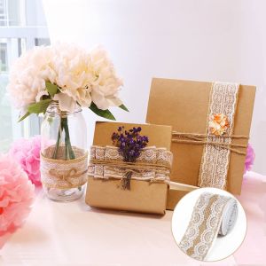 2M/Roll Vintage Jute Burlap Hessian Ribbon with Lace Gift Wrapper Decoration Rustic Wedding Party Ornament Supplies