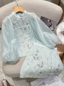 Elegant Chinese Style Embroidered Blouse And High Waist Mini Skirt Womens Fashion Set Bubble Sleeve Shirt Womens Ensemble