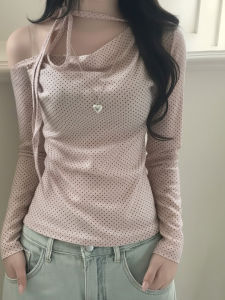 เสื้อยืดแขนยาวลายจุดผูกโบว์ผีเสื้อ Fabเด็กผู้หญิงs สำหรับผู้หญิง เสื้อเชิ้ตทรงสลิมฟิตลำลองสำหรับฤดูร้อน