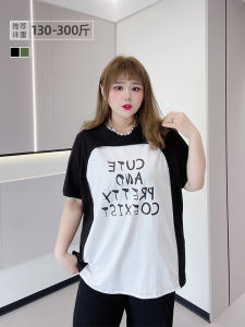 plus Size Womens T-Shirt Letter Print Loose Fit Patchwork Style Casual Summer Top for All Body Types Short Sleeve round Neck