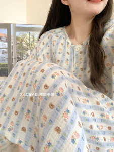 Nightdress Womens Summer New Arrival Ins K-style Loose Casual Cartoon Cute Bear Gingham Dress Homewear