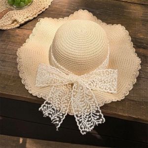 French Lace Butterfly Knot Straw Hat Women Summer Beach Sand Wave Edge Large Brim Sun Hat Sun Protection Hats Casual Style