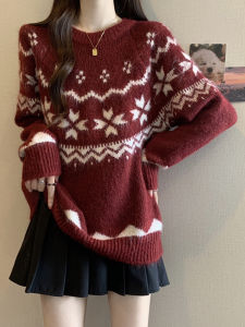 Christmas Fair Isle Knitted Sweater Womens Red Floral Embroidery Winter Thickened Large Size Cute Knitwear for Younger Look