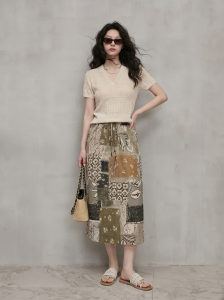 GULILI | Apricot Beige Striped Knit Short Sleeve Print Skirt Summer Womens Outfit