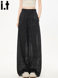 Black Loose Floral Hollow Straight Leg Pants Womens Early Autumn New Style Slimming Floor-Length Trousers Commute Style