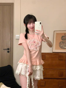 Sweet Short-Sleeve Womens T-Shirt Button Lace Flower Embroidery Pleated Flounce Hem Regular Fit Cotton Korean Style Top