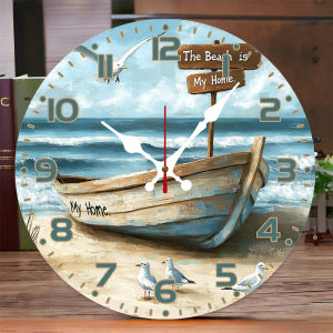 นาฬิกาแขวนผนังเงียบทรงกลมไม้เรือชายหาดเหมาะสำหรับห้องนั่งเล่น สำนักงาน ห้องอ่านหนังสือ ห้องนอน ของตกแต่งบ้าน