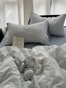 Ins Salted Sea Blue Striped Floral Washed Cotton Three-Piece Student Bedding Set Embossed Crepe Duvet Cover Bed Sheet Set